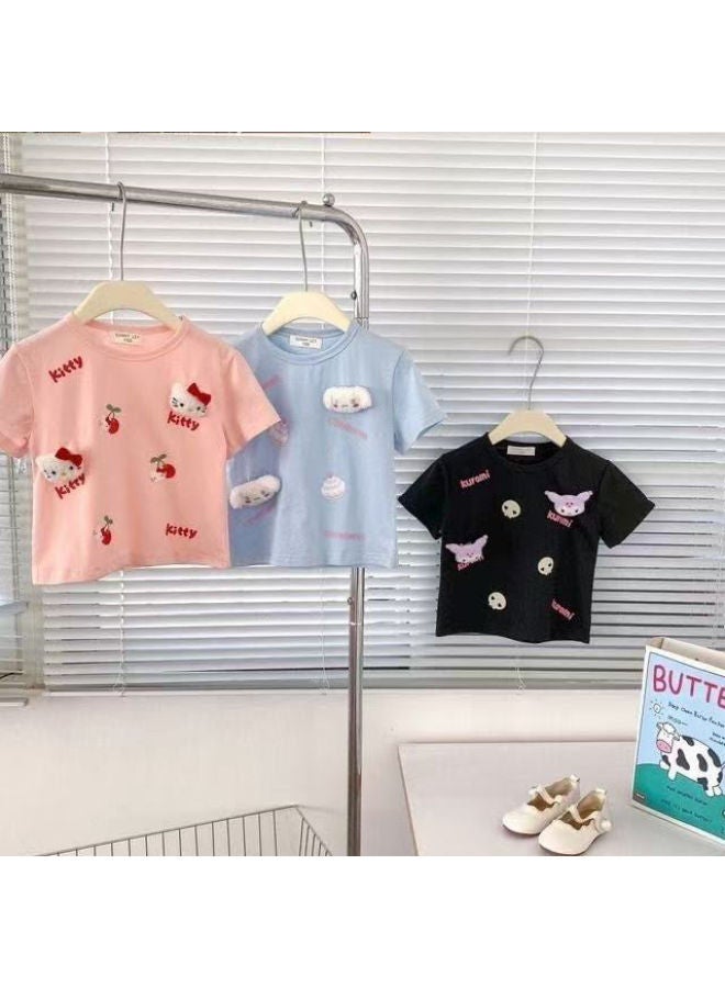 New Style Girls' Thin Children's  Summer Short-sleeve 3d T-shirt Baby Fashionable Summer Outfit Two-piece Casual Trendy Set