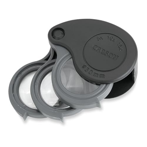Carson TriView 5x10x15x Folding Loupe Magnifier with Builtin Case 3in1 Portable Loupe Magnifying Glass Adjustable Magnification Great for Jewelry TV15