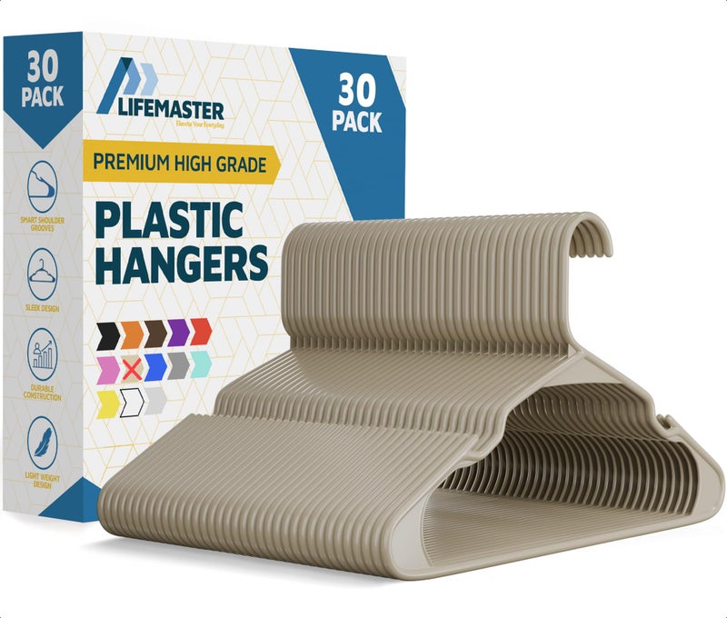 Lifemaster Plastic Clothes Hangers â€“ Heavy Duty Hanger Set, for Organizing Clothes, Dresses, and Coat, Holds Up to 5 lbs, Space-Saving Hangers with Non-Slip Shoulder Grooves, Pack of 30, Ivory - Image 1