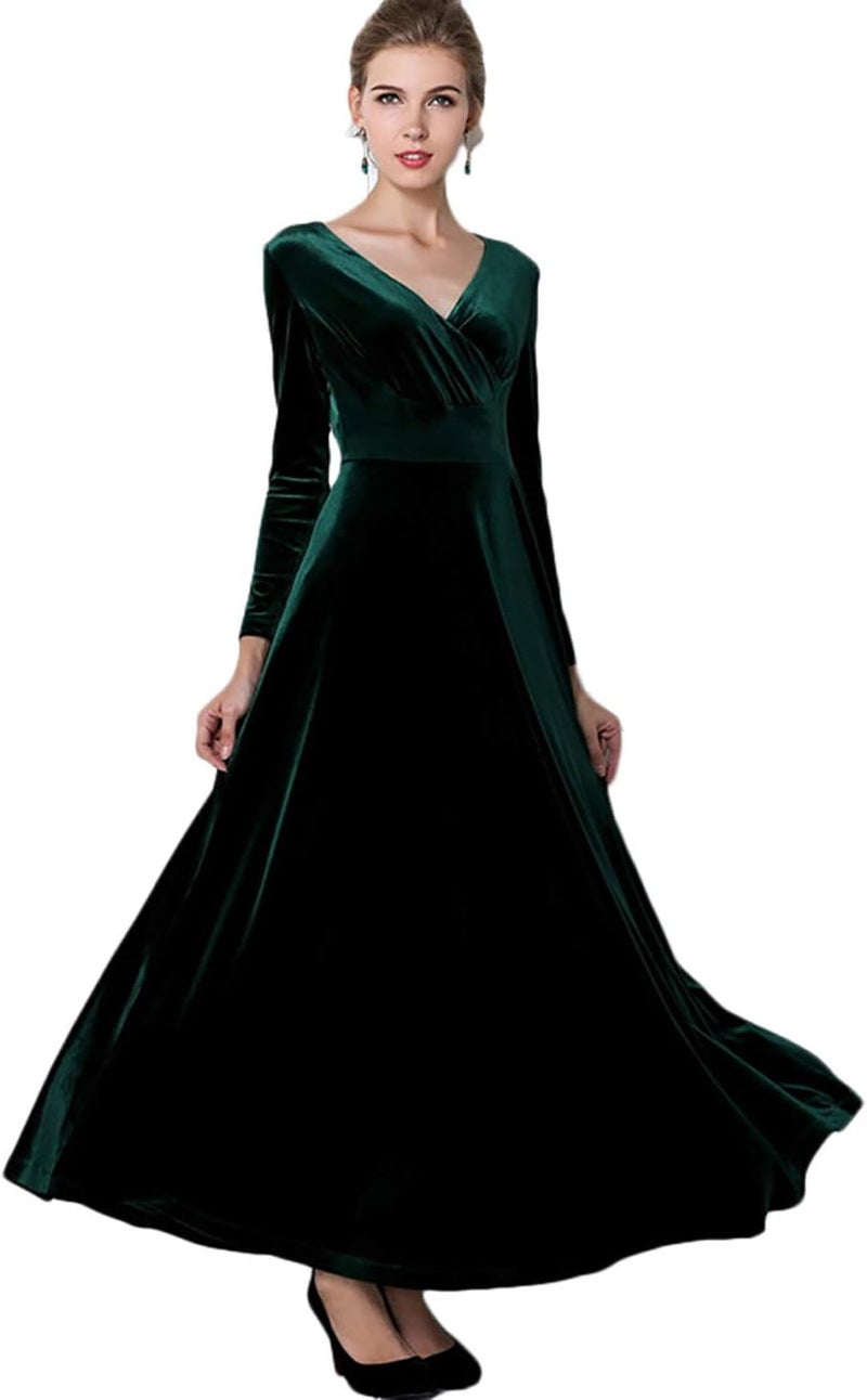 Women's Long Sleeve V-Neck Velvet Dress in Green, X-Large - Image 3