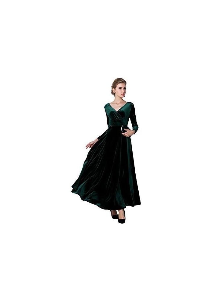 Women's Long Sleeve V-Neck Velvet Dress in Green, X-Large - Image 4