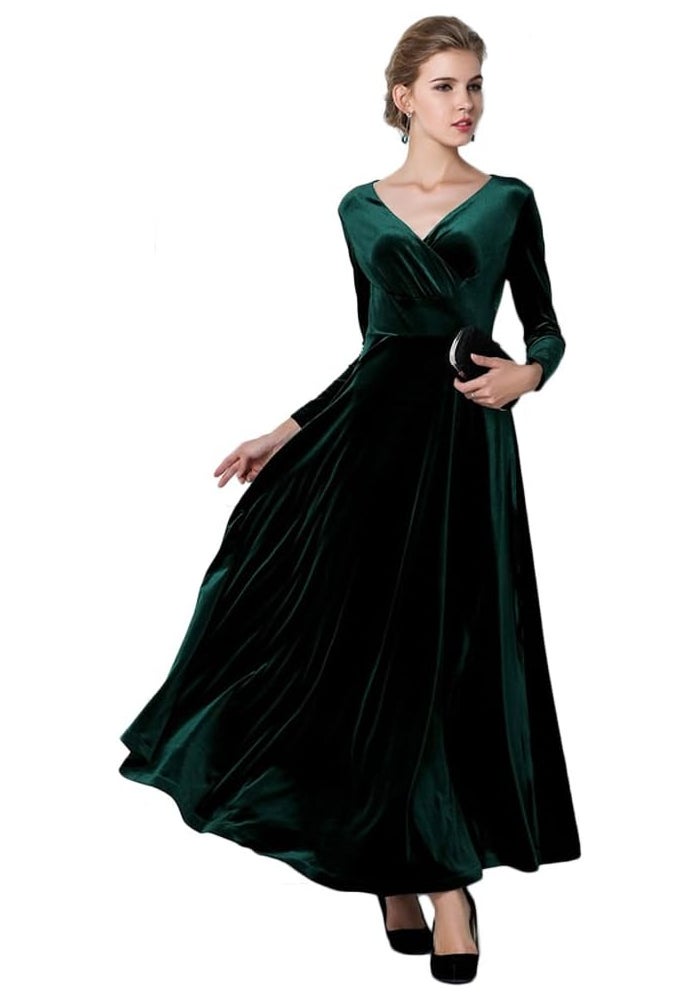 Women's Long Sleeve V-Neck Velvet Dress in Green, X-Large - Image 2