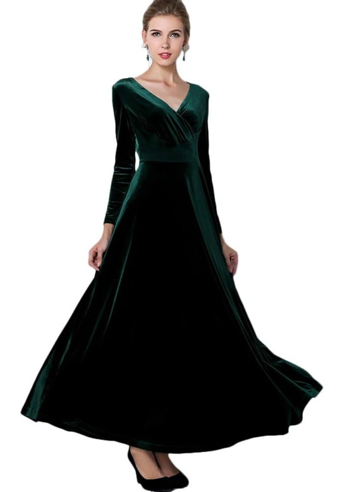 Women's Long Sleeve V-Neck Velvet Dress in Green, X-Large - Image 1