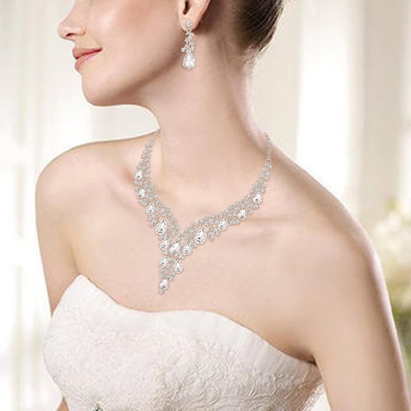 BriLove Women's Wedding Bridal Austrian Crystal Teardrop Flower Cluster Statement Necklace Dangle Earrings Jewelry Set Clear Silver-Tone - Image 2