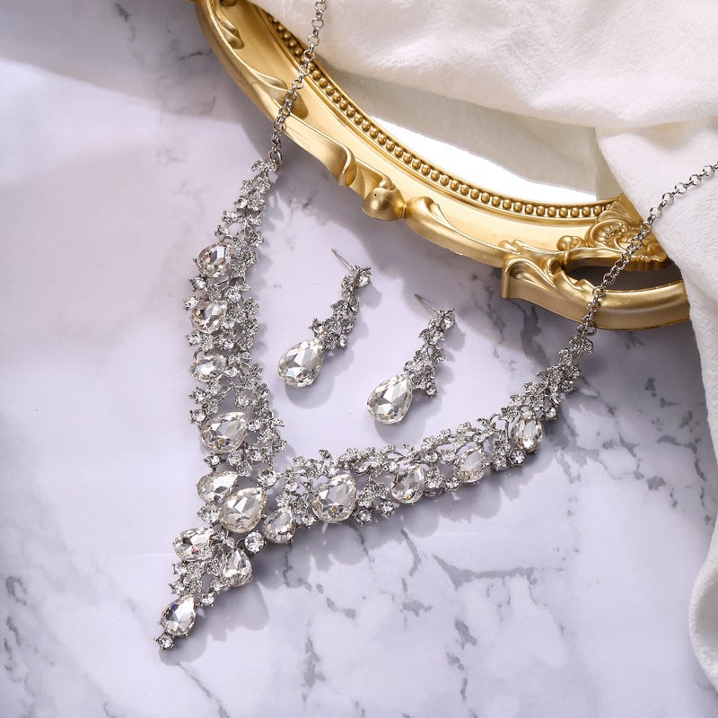 BriLove Women's Wedding Bridal Austrian Crystal Teardrop Flower Cluster Statement Necklace Dangle Earrings Jewelry Set Clear Silver-Tone - Image 3