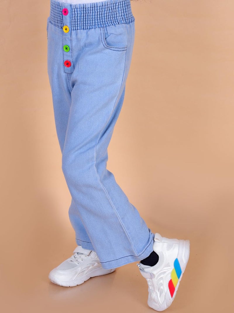 superminis Girls Straight Fit Mid Rise Stretchable Denim Jeans with Multicolor Front Buttons and Elastic Waistband (6-7 Years, Sky Blue) - Image 4