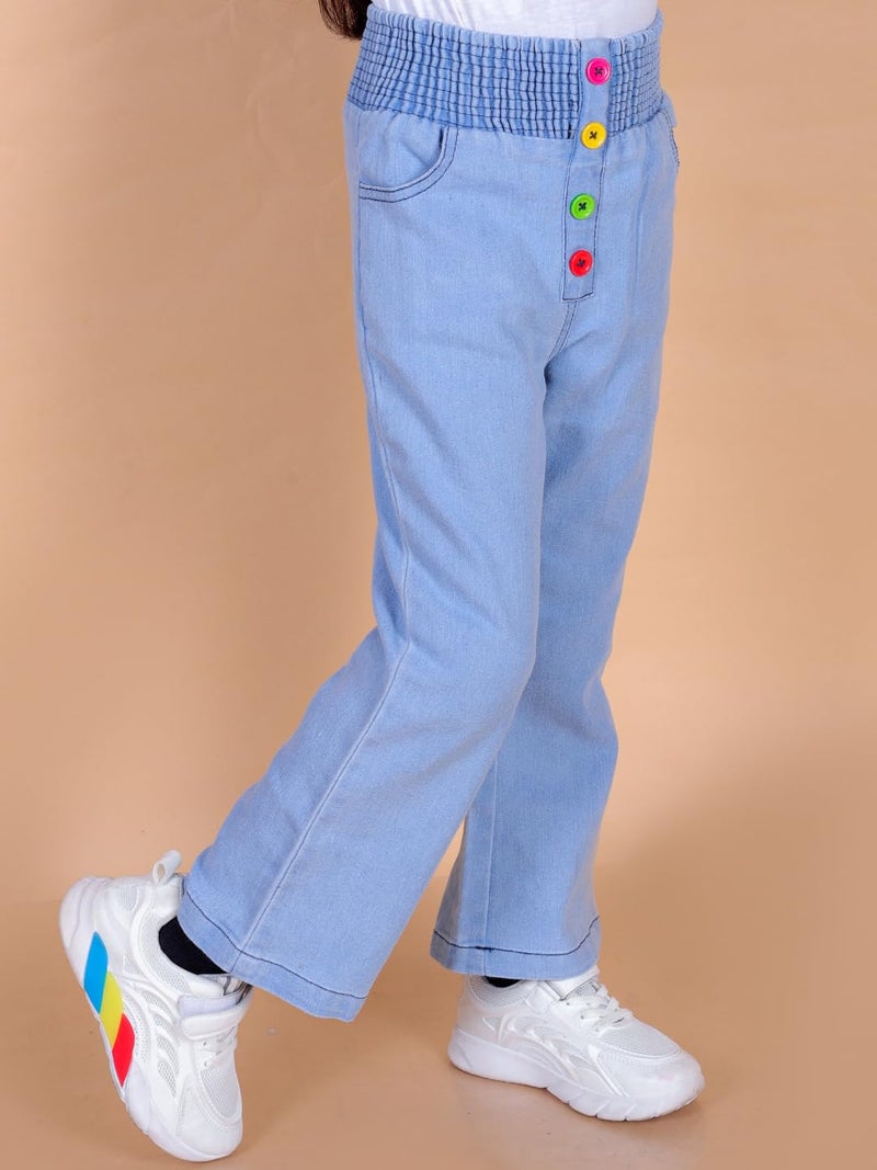 superminis Girls Straight Fit Mid Rise Stretchable Denim Jeans with Multicolor Front Buttons and Elastic Waistband (6-7 Years, Sky Blue) - Image 5