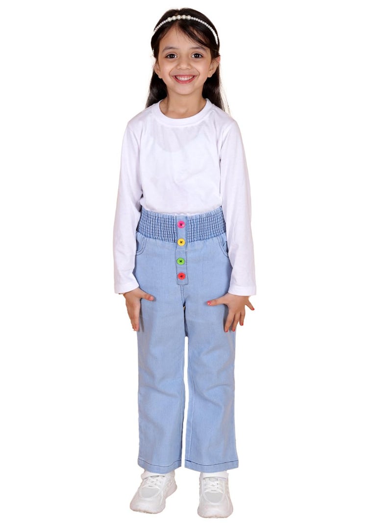 superminis Girls Straight Fit Mid Rise Stretchable Denim Jeans with Multicolor Front Buttons and Elastic Waistband (6-7 Years, Sky Blue) - Image 1
