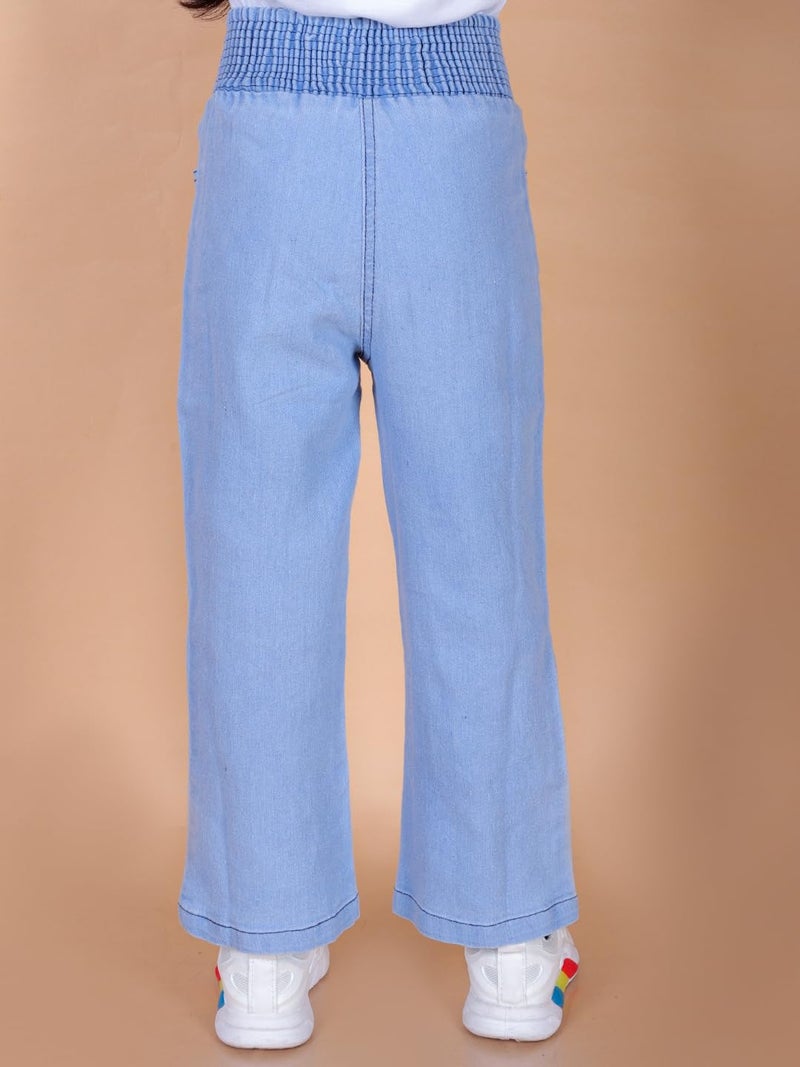superminis Girls Straight Fit Mid Rise Stretchable Denim Jeans with Multicolor Front Buttons and Elastic Waistband (6-7 Years, Sky Blue) - Image 3