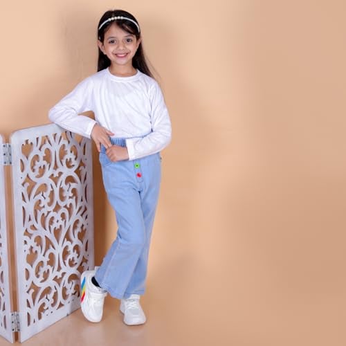 superminis Girls Straight Fit Mid Rise Stretchable Denim Jeans with Multicolor Front Buttons and Elastic Waistband (6-7 Years, Sky Blue) - Image 2