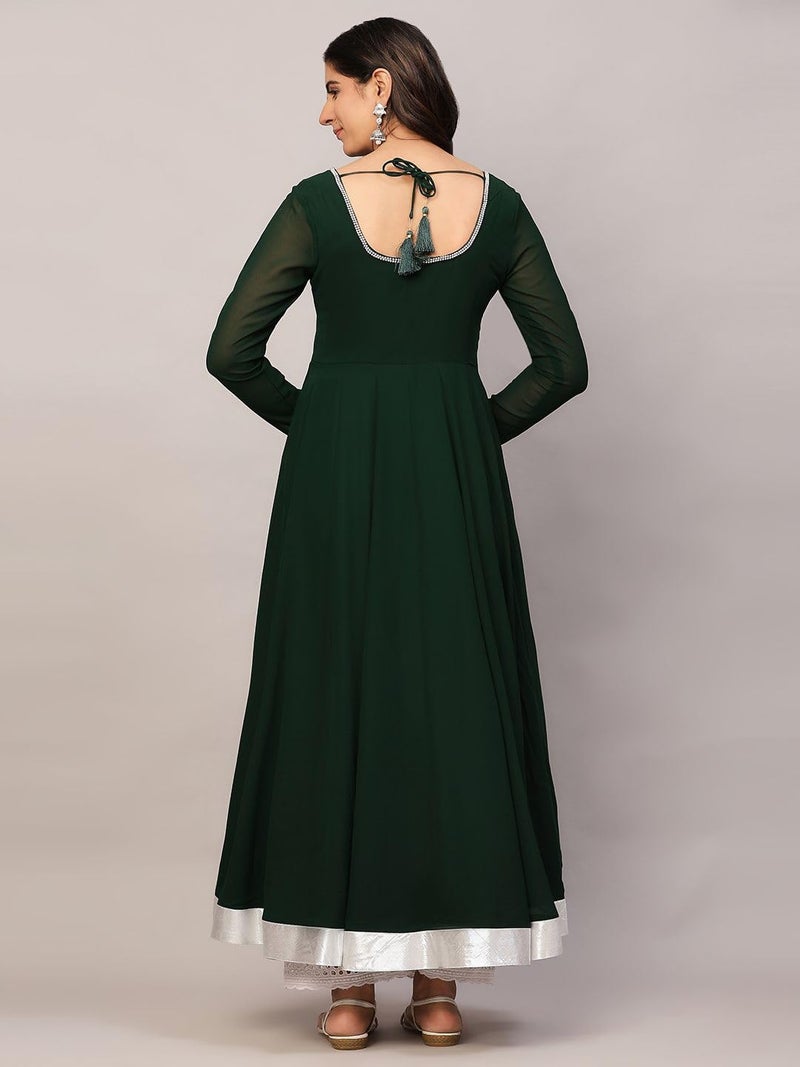 KZA Women's Green Georgette Hand Embroidered Flared Anarkali Kurta with Full Sleeves for Ethnic Wear - Image 4