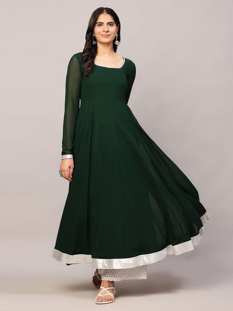KZA Women's Green Georgette Hand Embroidered Flared Anarkali Kurta with Full Sleeves for Ethnic Wear - Image 2