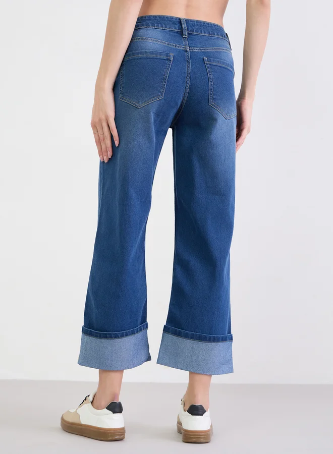 Styli Medium Blue Blue Turn-Up Hem Straight Leg Jeans for Women | Best Price UAE