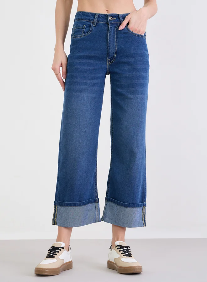 Styli Blue Turn-Up Hem Straight Leg Jeans