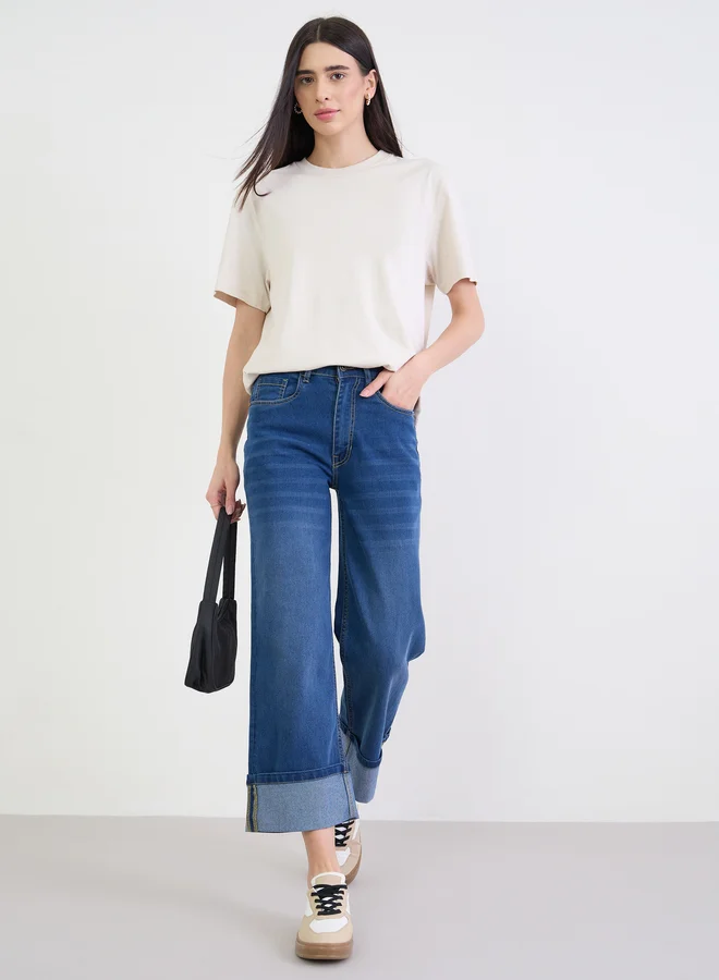 Styli Blue Turn-Up Hem Straight Leg Jeans