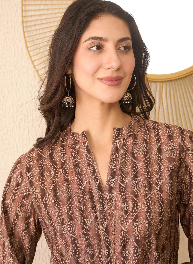 ZERESOUQ Brown Cotton Blend Ethnic Motifs Printed Tunic Only