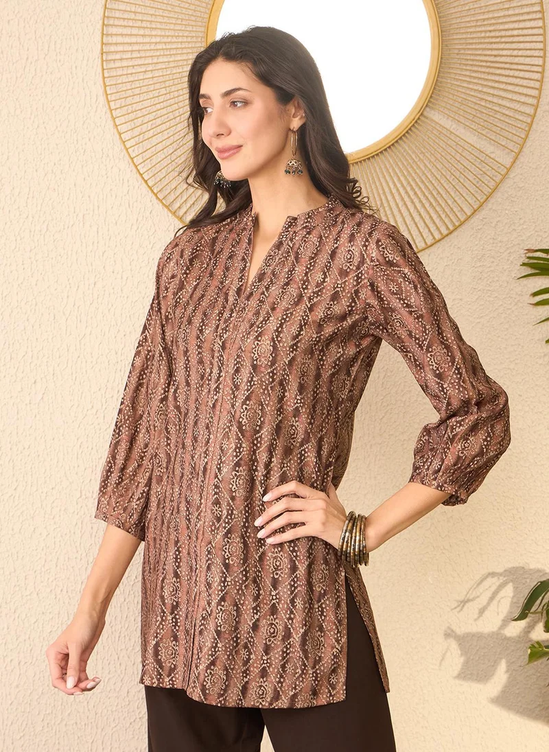 ZERESOUQ Brown Cotton Blend Ethnic Motifs Printed Tunic Only