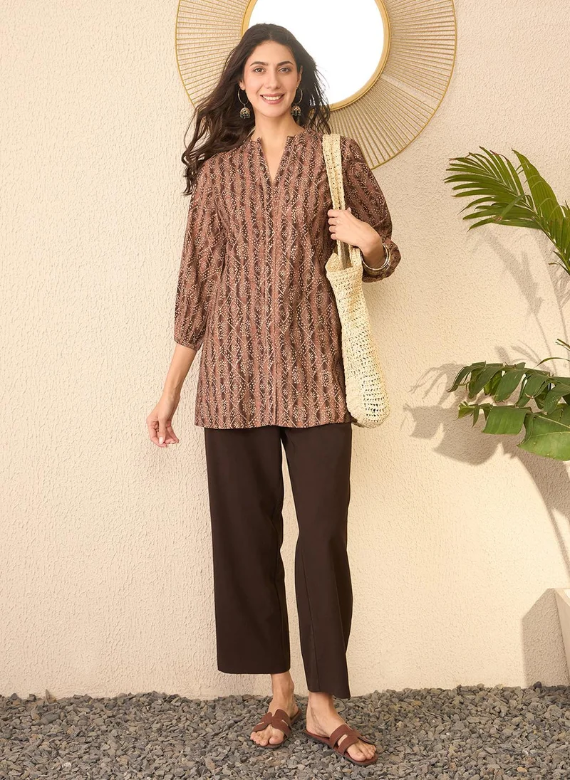 ZERESOUQ Brown Cotton Blend Ethnic Motifs Printed Tunic Only