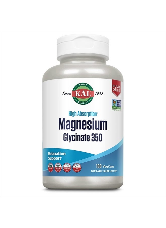 KAL - Magnesium Glycinate Capsules, Fully Chelated Magnesium Bisglycinate, High Absorption Magnesium Supplement, Healthy Bones, Muscle, Relaxation and Stress Support, Non-GMO 160 count - Image 1