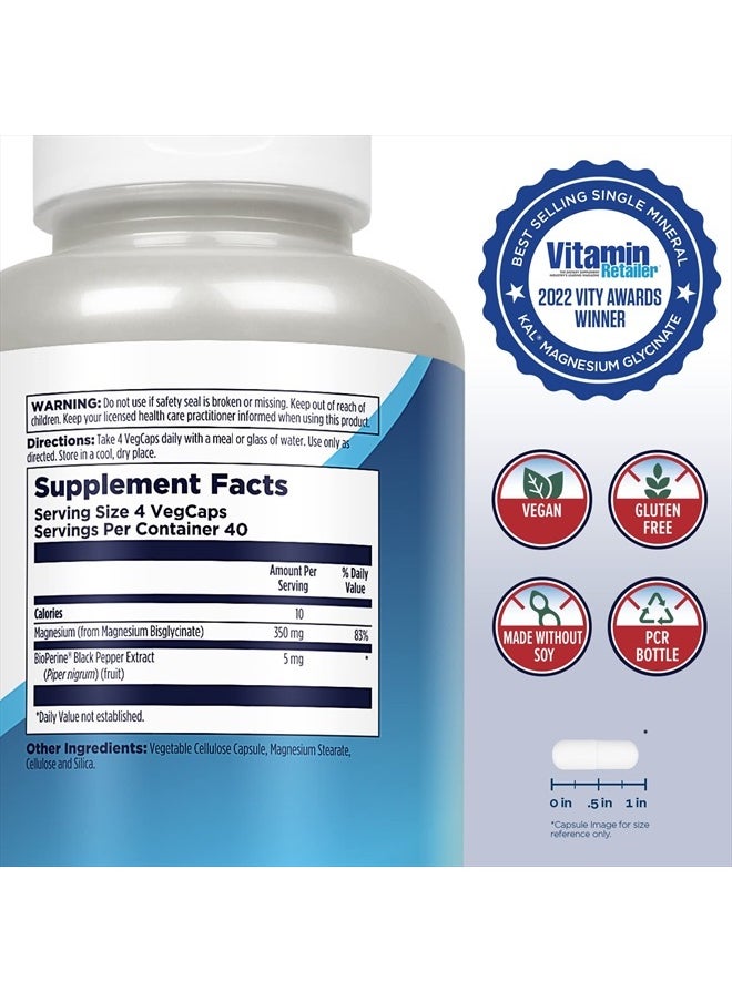 KAL - Magnesium Glycinate Capsules, Fully Chelated Magnesium Bisglycinate, High Absorption Magnesium Supplement, Healthy Bones, Muscle, Relaxation and Stress Support, Non-GMO 160 count - Image 1