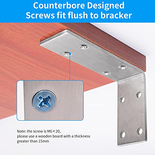 YUMORE Shelf Bracket 8 inch, Heavy Duty (1/5") Thick Solid L Brackets, Max Load: 230lbs, Stainless Steel Countertop Bar Top Support Brackets Wall Mounted, Includes Hardware, 2 Pack - Image 4
