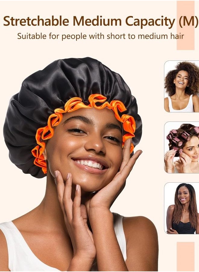 mikimini Black Shower Caps 2 Packs, Double Layers Waterproof Bathing Hair Cap with Reusable Soft Comfortable PEVA Lining, Cute, Non-fading & Stretchy Shower Hat Medium (Pack of 2) Black + Orange  - Image 2