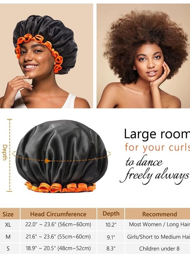 mikimini Black Shower Caps 2 Packs, Double Layers Waterproof Bathing Hair Cap with Reusable Soft Comfortable PEVA Lining, Cute, Non-fading & Stretchy Shower Hat Medium (Pack of 2) Black + Orange  - Image 3