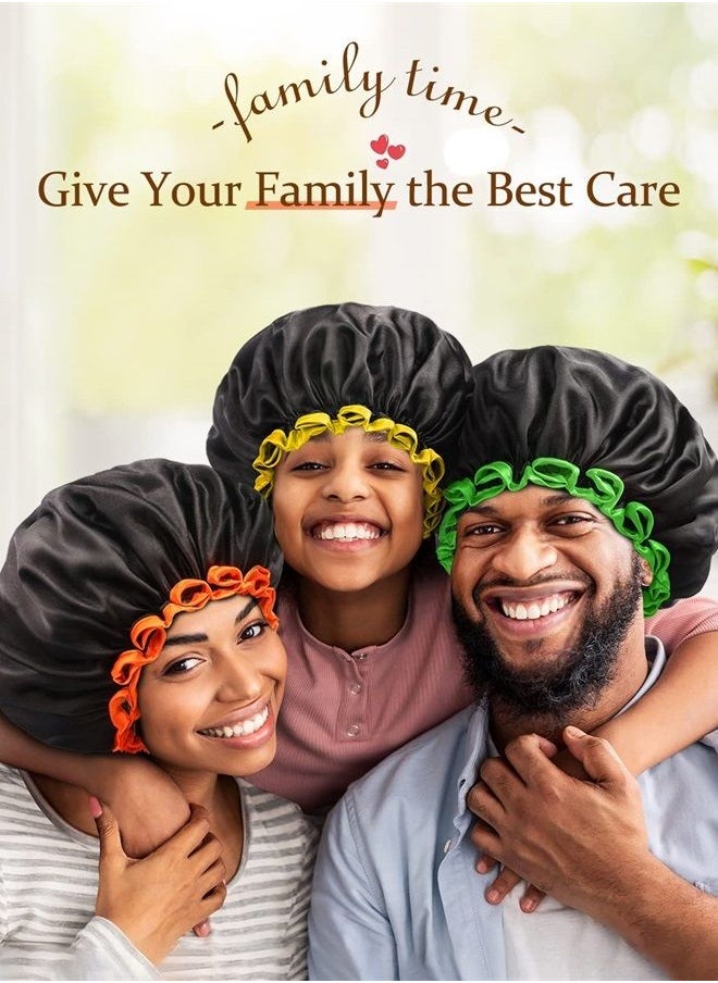 mikimini Black Shower Caps 2 Packs, Double Layers Waterproof Bathing Hair Cap with Reusable Soft Comfortable PEVA Lining, Cute, Non-fading & Stretchy Shower Hat Medium (Pack of 2) Black + Orange  - Image 4