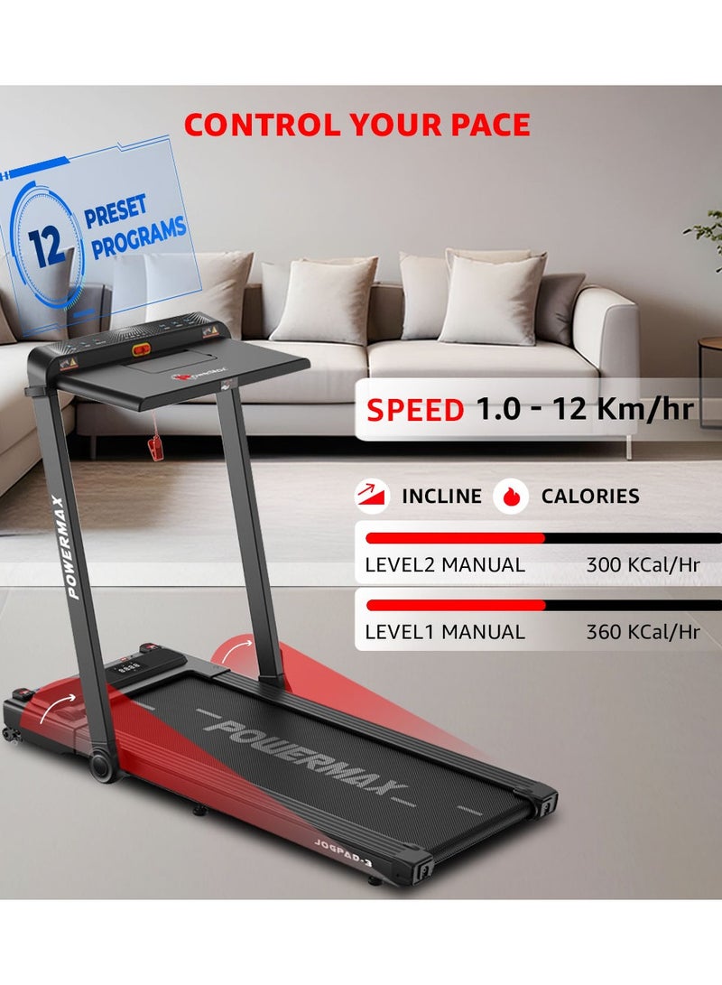 PowerMax Fitness Jogpad-3 (4Hp Peak) Motorized 2 In 1 Built in Desk Treadmill For Home Workout | Walkingpad | Remote Control, Max User 110Kg, Top Speed 12 Kmph, Led Display, Bluetooth,Speaker,Ipad Holder - Image 4