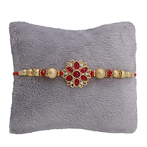 Riddhika Ventures Alluring Gold Plated Floral and Pearl Rakhi (Bracelet) with Roli Chawal & Greeting Card (K11) For Men - Image 1