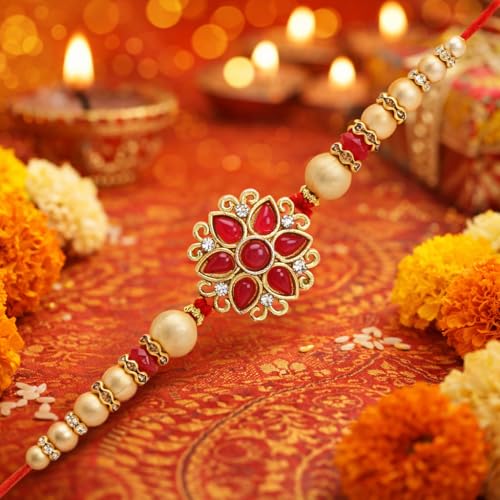 Riddhika Ventures Alluring Gold Plated Floral and Pearl Rakhi (Bracelet) with Roli Chawal & Greeting Card (K11) For Men - Image 4
