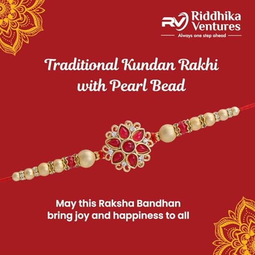 Riddhika Ventures Alluring Gold Plated Floral and Pearl Rakhi (Bracelet) with Roli Chawal & Greeting Card (K11) For Men - Image 2