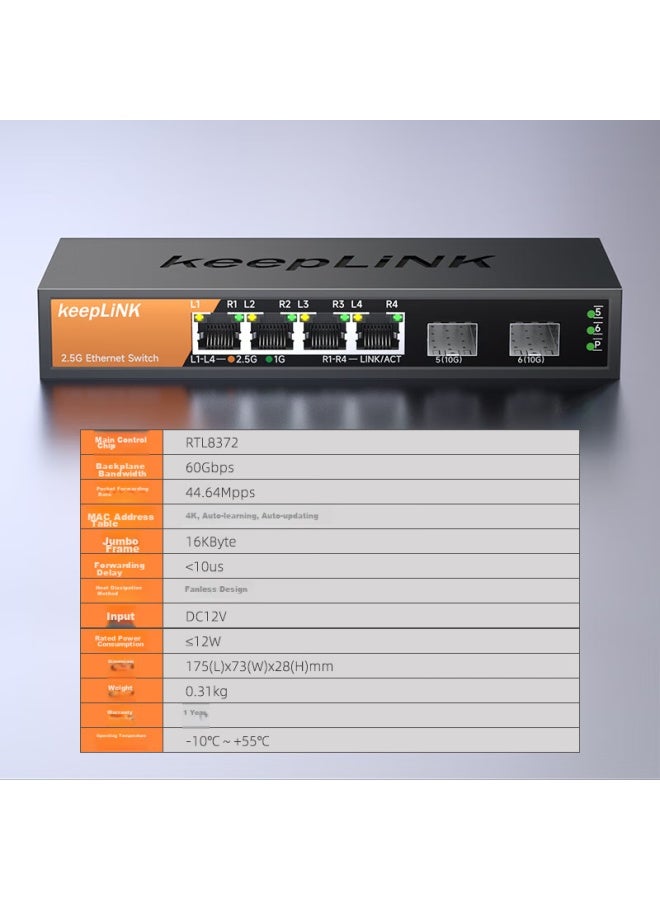 Keeplink Kp-9000 Enterprise Office 4-port 2.5g + 2 10g Optical Switch, Network Hub, Splitter, Compatible With Nas Optical Modem - Image 1