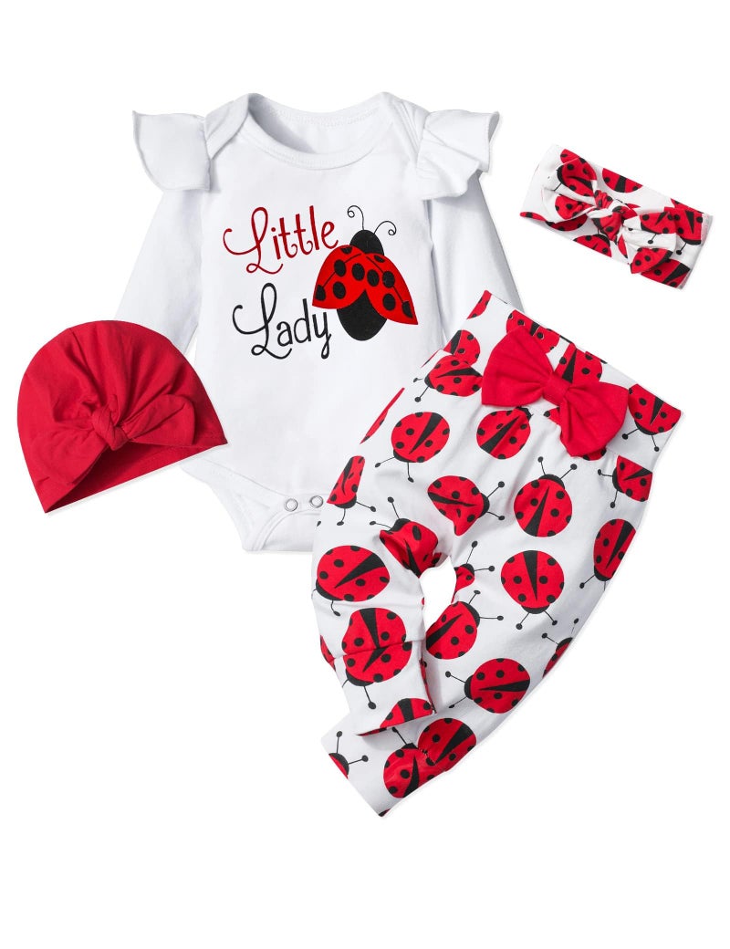 TyeSmo Newborn Girl Clothes Newborn Girl Outfits White Ruffle Long Sleeve Romper Red Ladybug Prints Pant Sets Baby Girls New Born Clothes With Headband - Image 1