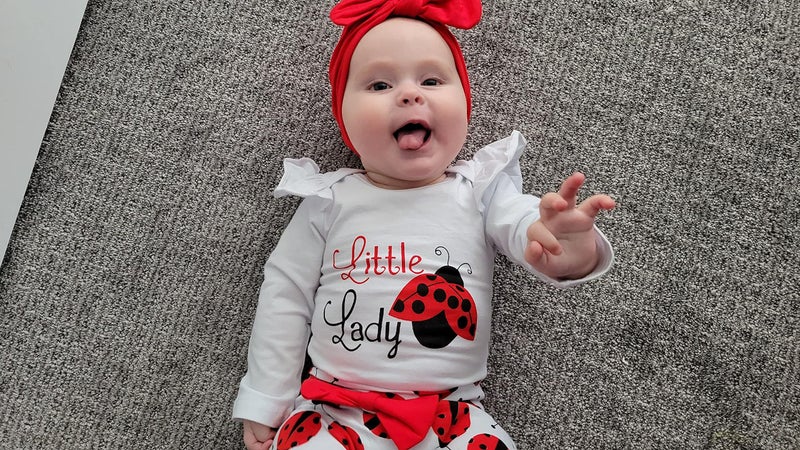 TyeSmo Newborn Girl Clothes Newborn Girl Outfits White Ruffle Long Sleeve Romper Red Ladybug Prints Pant Sets Baby Girls New Born Clothes With Headband - Image 2