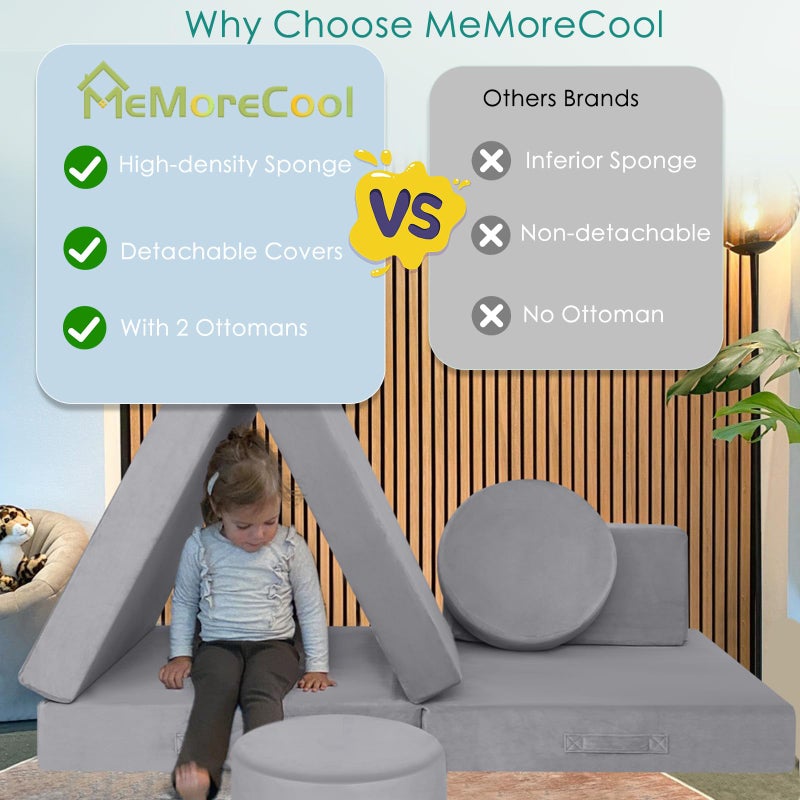 MeMoreCool Kids Modular Play Couch, 8-Piece Convertible Kids Couch Set in Grey, Foam Fort Builder Kids Sofa with Washable Plush Cover for Small Spaces Playroom Nursery, 150 lbs, Ages 1-5 - Image 3