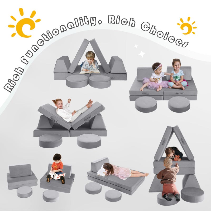 MeMoreCool Kids Modular Play Couch, 8-Piece Convertible Kids Couch Set in Grey, Foam Fort Builder Kids Sofa with Washable Plush Cover for Small Spaces Playroom Nursery, 150 lbs, Ages 1-5 - Image 2