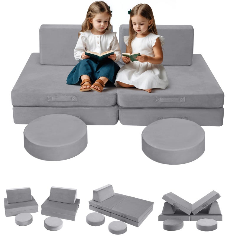 MeMoreCool Kids Modular Play Couch, 8-Piece Convertible Kids Couch Set in Grey, Foam Fort Builder Kids Sofa with Washable Plush Cover for Small Spaces Playroom Nursery, 150 lbs, Ages 1-5 - Image 1