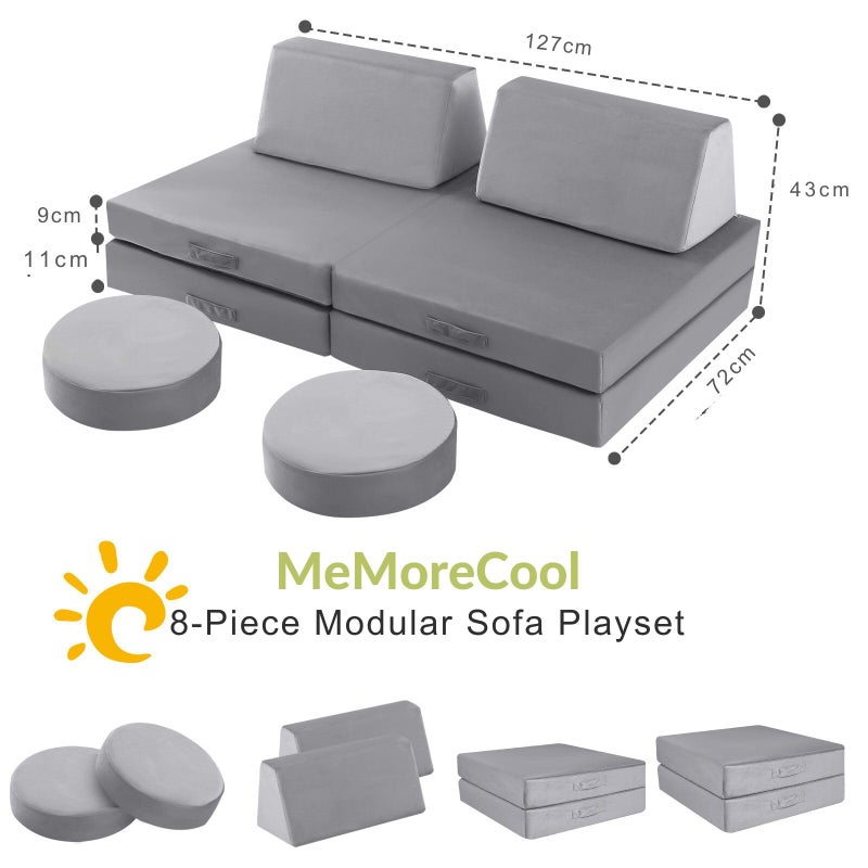 MeMoreCool Kids Modular Play Couch, 8-Piece Convertible Kids Couch Set in Grey, Foam Fort Builder Kids Sofa with Washable Plush Cover for Small Spaces Playroom Nursery, 150 lbs, Ages 1-5 - Image 4