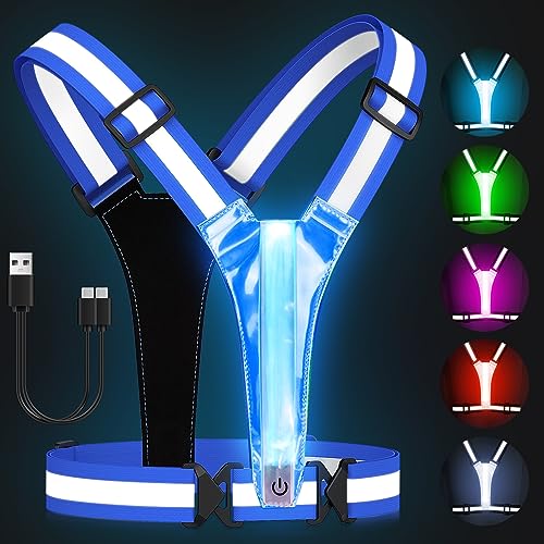 Zacro LED Reflective Vest Running Gear, 5 Lights Colors High Visibility Reflective Running Gear Rechargeable Light Up Running Vest for Walking Running Cycling, Adjustable for Men Women Kids (Blue) - Image 1