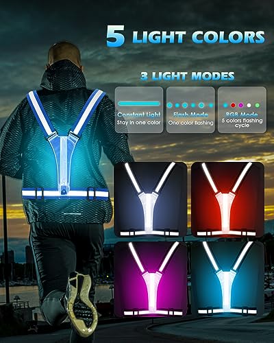 Zacro LED Reflective Vest Running Gear, 5 Lights Colors High Visibility Reflective Running Gear Rechargeable Light Up Running Vest for Walking Running Cycling, Adjustable for Men Women Kids (Blue) - Image 3