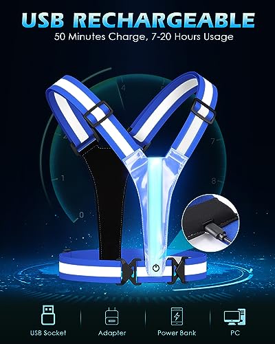 Zacro LED Reflective Vest Running Gear, 5 Lights Colors High Visibility Reflective Running Gear Rechargeable Light Up Running Vest for Walking Running Cycling, Adjustable for Men Women Kids (Blue) - Image 4