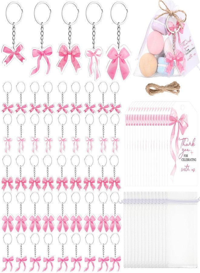 Equsion 50 Sets Pink Bow Themed Party Favors Acrylic Coquette Keychain with White Organza Bags and Thank You Tags for Girls Birthday Baby Shower Bridal Shower Bachelorette Party Supplies - Image 1