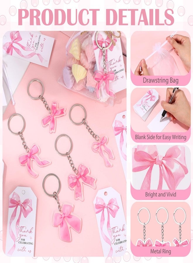 Equsion 50 Sets Pink Bow Themed Party Favors Acrylic Coquette Keychain with White Organza Bags and Thank You Tags for Girls Birthday Baby Shower Bridal Shower Bachelorette Party Supplies - Image 3