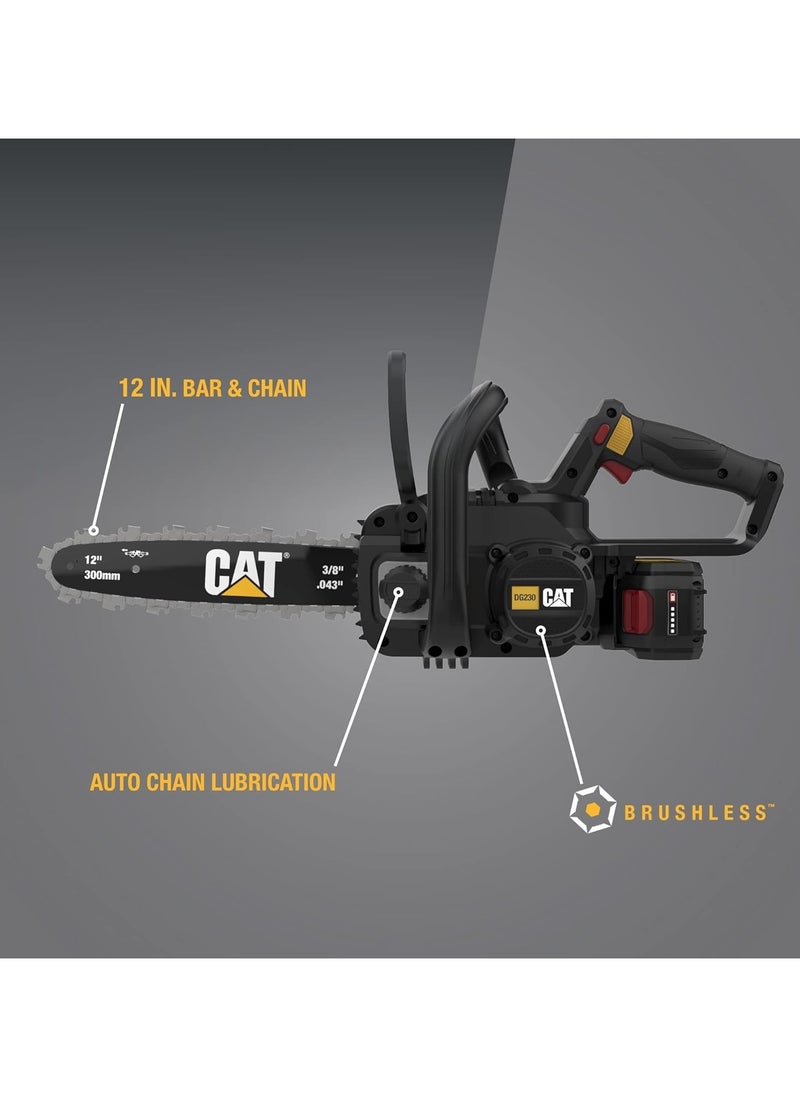 CATERPILLAR - Cat DG230 18V Brushless 12” Chainsaw, Battery Chainsaw with Tool-Free Chain Tensioning, Electric Chainsaw Cordless with Inertia Chain Brake for Safety – Battery & Charger Included - Image 1
