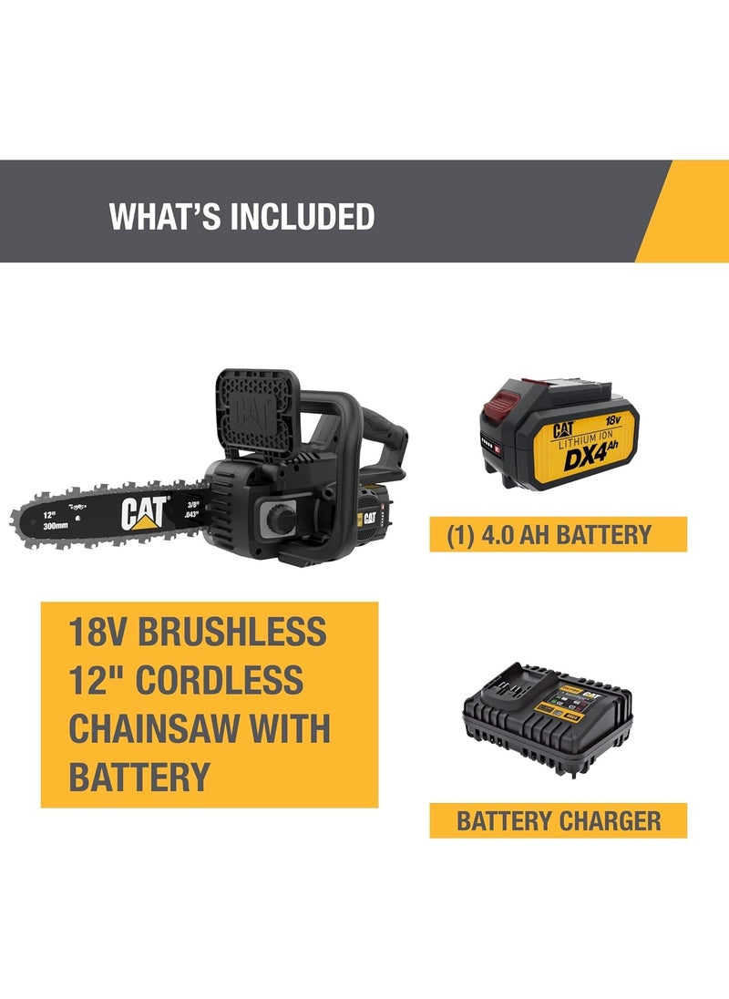 CATERPILLAR - Cat DG230 18V Brushless 12” Chainsaw, Battery Chainsaw with Tool-Free Chain Tensioning, Electric Chainsaw Cordless with Inertia Chain Brake for Safety – Battery & Charger Included - Image 1