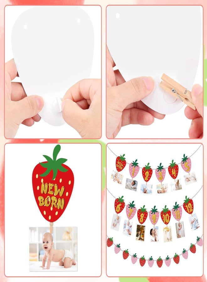 Atiloy Strawberry First Birthday Party Decoration Berry 1st Monthly Photo Banner Milestone Photograph Bunting Garland for Baby Girl 12 Months Photo Display Baby Shower Berry Party Decorations Supplies - Image 3