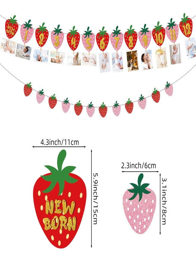 Atiloy Strawberry First Birthday Party Decoration Berry 1st Monthly Photo Banner Milestone Photograph Bunting Garland for Baby Girl 12 Months Photo Display Baby Shower Berry Party Decorations Supplies - Image 2