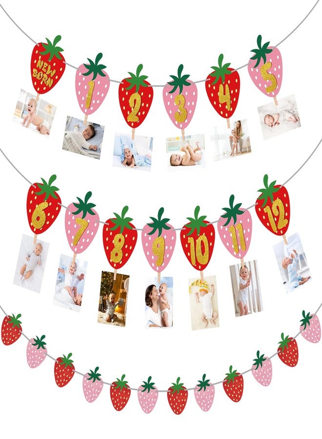 Atiloy Strawberry First Birthday Party Decoration Berry 1st Monthly Photo Banner Milestone Photograph Bunting Garland for Baby Girl 12 Months Photo Display Baby Shower Berry Party Decorations Supplies - Image 1