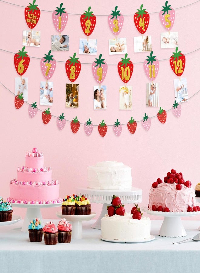 Atiloy Strawberry First Birthday Party Decoration Berry 1st Monthly Photo Banner Milestone Photograph Bunting Garland for Baby Girl 12 Months Photo Display Baby Shower Berry Party Decorations Supplies - Image 4